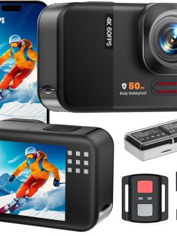 4K 60FPS 48MP WiFi Action Camera with Touch Screen, 50FT Underwater Waterproof Camera, No Case Needed, EIS Motorcycle Camera, 8X Zoom, 64GB Card, Remote Control, Batteries & Mounting Kits