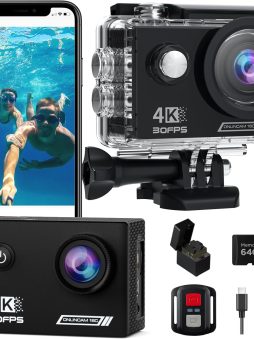 Action Camera 4K30fps with 64G SD Card,HD Waterproof Camera 131ft Underwater Cameras 20MP Pre-Recording WiFi Camera 170° Remote Control Sports Cameras with 2 Batteries Helmet Mount Accessories Kits