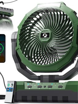FRIZCOL 3-in-1 Camping Fan - Portable Fans Rechargeable - 24000mAh Battery Powered Fan(140Hrs) with Light & Remote for Indoor, Outdoor, Tent, Travel, BBQ, Fishing, Jobsite - Green