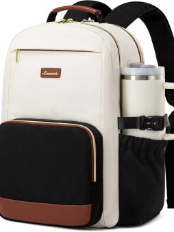 LOVEVOOK Laptop Backpack for Women with Pouch Pocket for Large Capacity Cup,15.6 Inch Laptop Computer Bag Travel Backpack Purse,Waterproof Work Business Backpack College Teacher Bags,Beige-Black-Brown