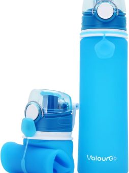 Valourgo Collapsible Water Bottle, Silicone Foldable with Leak Proof Valve BPA Free, Aqua Blue, 21 oz